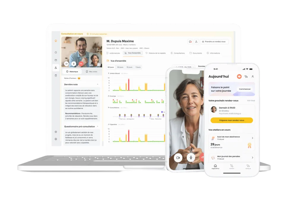 L'interface soignant Eos sur ordinateur et l'application patient sur mobile